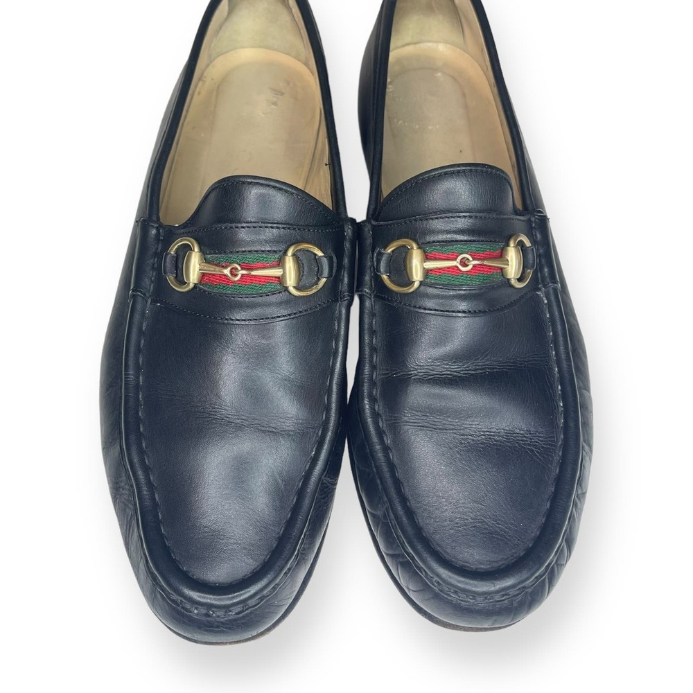 GUCCI Vtg RARE Classic Horsebit Red Green Stripe Black Leather Logo Loafers 8.5